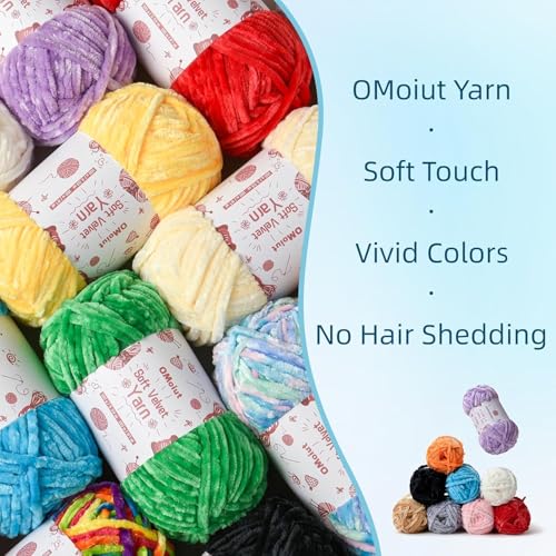 Image of 12 Pack Chenille Chunky Yarn - Baby Yarn for Crocheting Soft - Red Purple Green Pink Gray Blue Black White Velvet Yarns Crochet Blanket - Amigurumi Yarns Pack with Crochet Accessories G