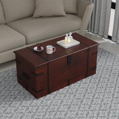 Image of Solid Sheesham Wood Trunk Box For Storage Wooden Center Coffee Table for Living Room Decor | Multipurpose Wooden Center Table With Storage Box Cabinet with Iron Fittings | Walnut Finish