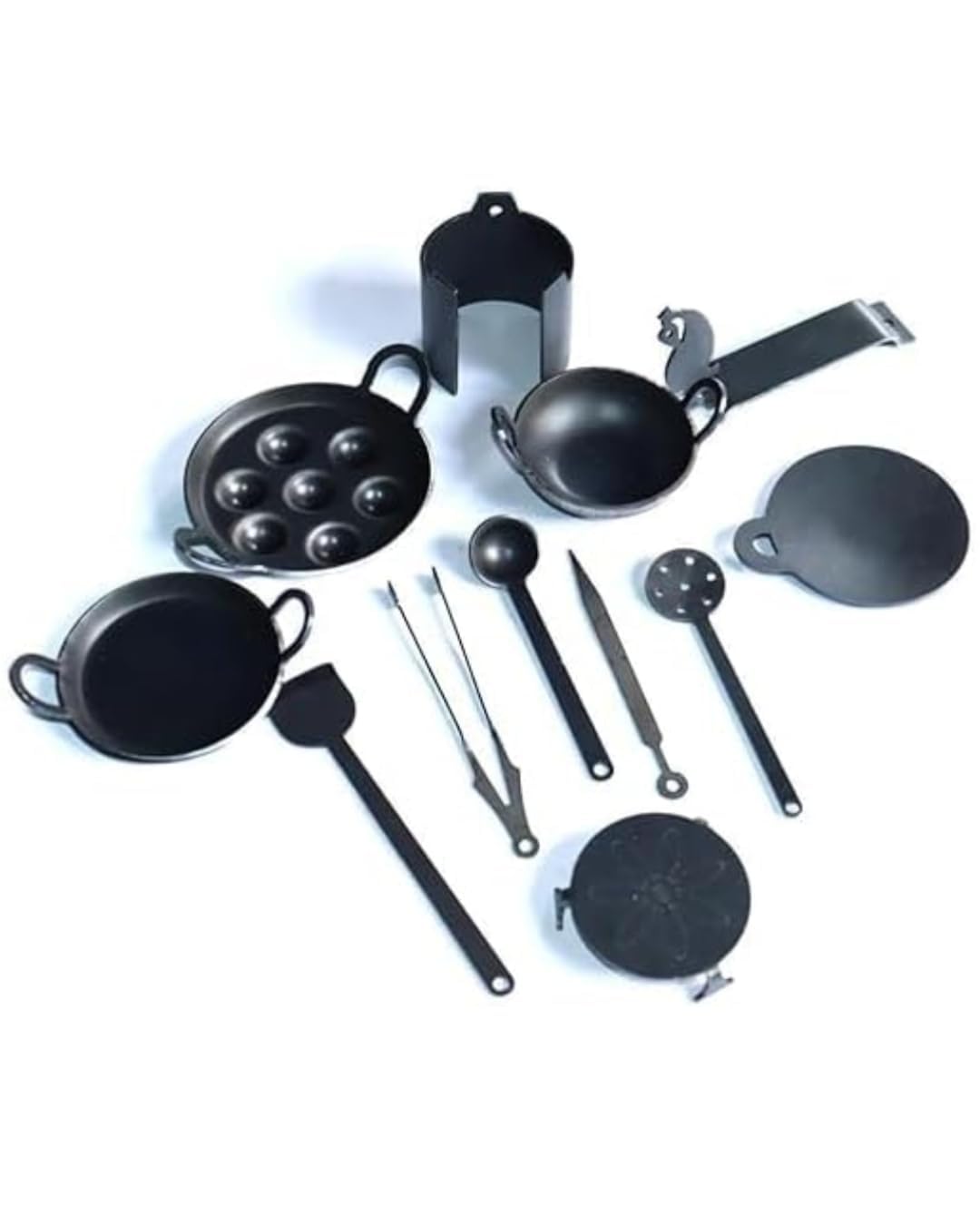 Iron Miniature Kitchen Set for Kids, Real Cooking Tiny Cookware Toy, Black, Set of 12 - TeeZow Toys-image-10