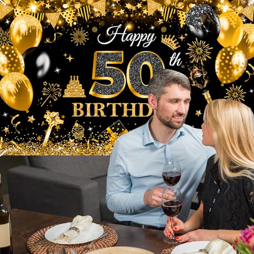 Image of Avezano Happy 50th Birthday Banner for Men Boys Black and Gold Glitter Balloon 50 Birthday Party Backdrop 50 Year Old Bday Photo Backdrop Party Supplies 70.8 x 43.3 Inch