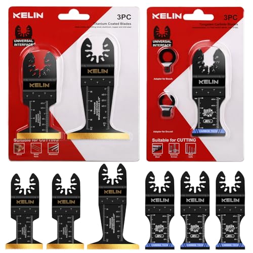 Image of KELIN 6 PCS Carbide and Titanium Multitool Blades Kit, Heavy Duty Oscillating Tool Saw Blades for Steel Bolts Screws Metal Wood Cutting with Hangable Case, Universal Interface Fit Bosch Fein Dewalt
