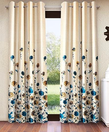 Image of Home Sizzler 2 Pieces Digital Print Eyelet Polyester Door Curtains - 7 Feet, Blue