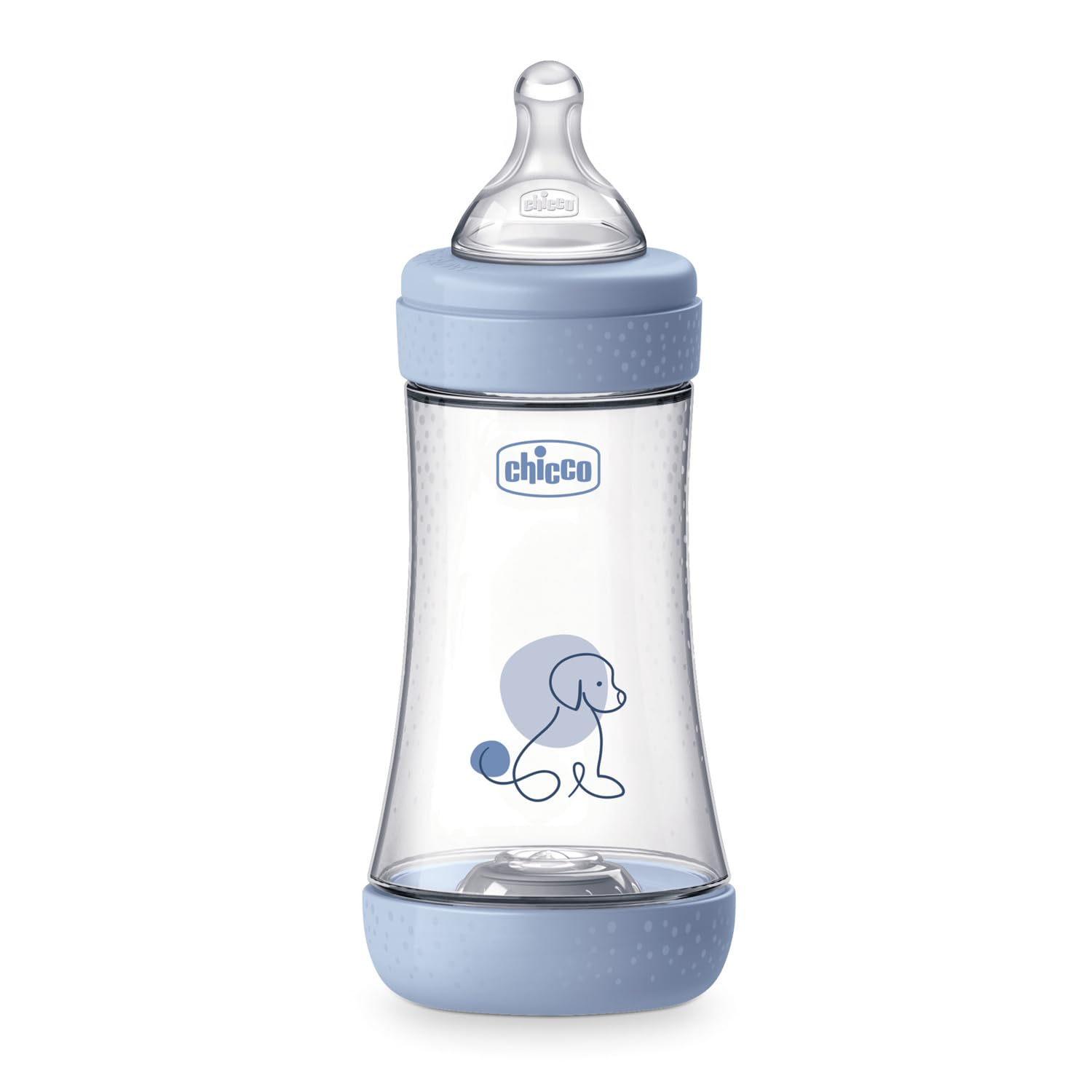 Chicco PERFECT 5 Biberon Anticolica da 240 ml, Biberon Flusso Medio da 2 Mesi + con Tettarella in Morbido Silicone, Biberon simil seno materno, Biberon anticolica per allattamento misto, Blu