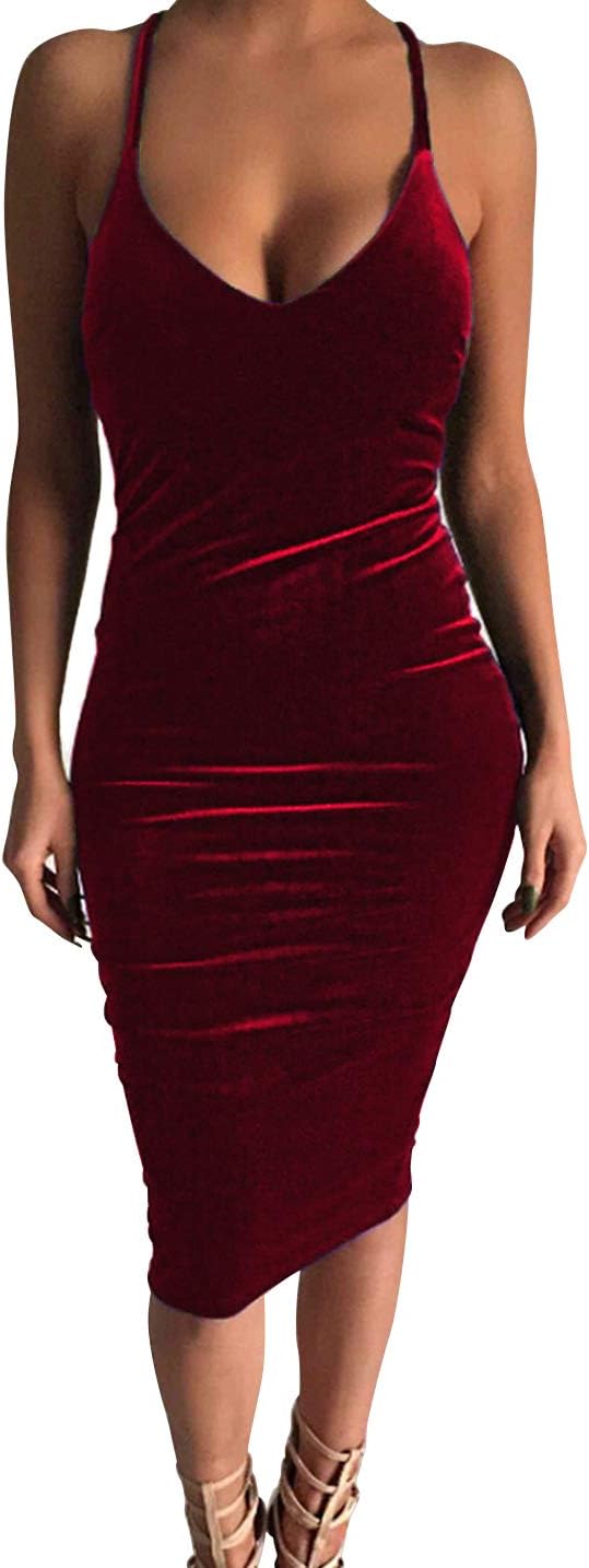 Women's Sleeveless Bodycon Midi Dress Velvet Club Bandage Dress