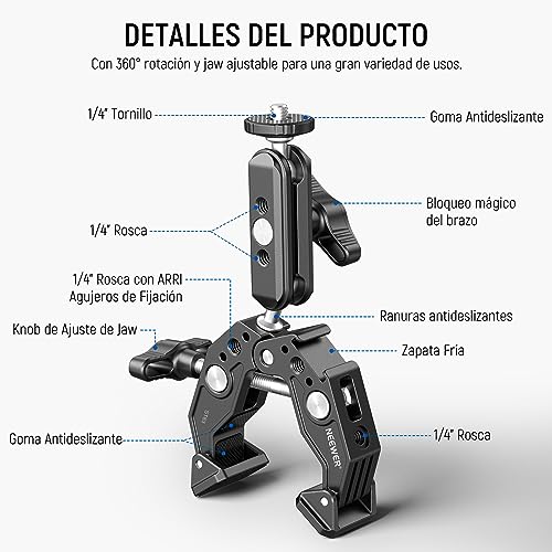 Image of NEEWER Super Clamp with 3 inch Dual Ballhead Magic Arm, Cold Shoe, 1 /4 inch Threads, Phone /Action Camera Mount Adapter for Desk Tripod Tube Crossbar Gimbal Rods Compatible with SmallRig GoPro DJI, ST83