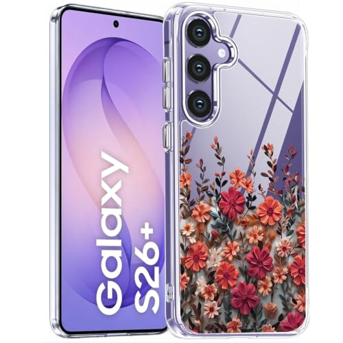 Image of Elzzi Compatible with Samsung Galaxy S26 Plus 5G Case, Clear Transparent Floral Back Cover, Shockproof PC+TPU Protective Case, Wireless Charging Support, Multi Color
