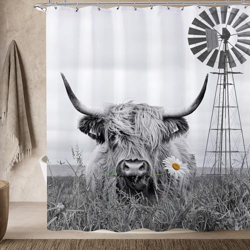 Windmill-Highland-Cow-Funny-Bull-Shower-Curtain-Farmhouse-Rustic-Animal-Shower-Curtain-Set-Cattle-Western-Country-Bath-Curtain-Modern-Brown-Farm-Bathroom-Accessories-Home-Decor-72×72-12-Hooks Windmill Highland Cow Funny Bull Shower Curtain Farmhouse Rustic Animal Shower Curtain Set Cattle Western Country Bath Curtain Modern Brown Farm Bathroom Accessories Home Decor 72×72 12 Hooks