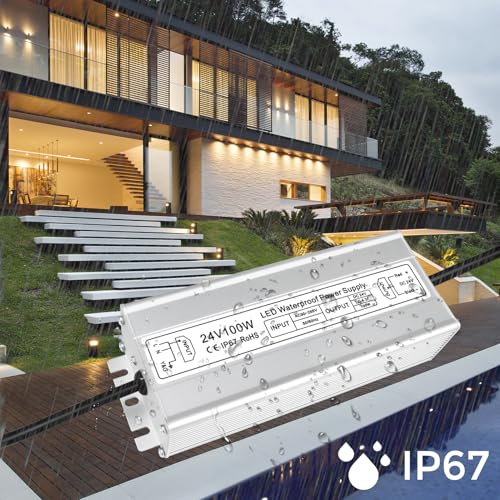 Image of LED Driver 100W 24V Power Supply, IP67 Waterproof Low Voltage Transformer, AC 90-265V to DC 24V 4.2A Converter with 3-Prong Plug 3.3 Feet Cable for Outdoor LED Lights, Industrial, Computer