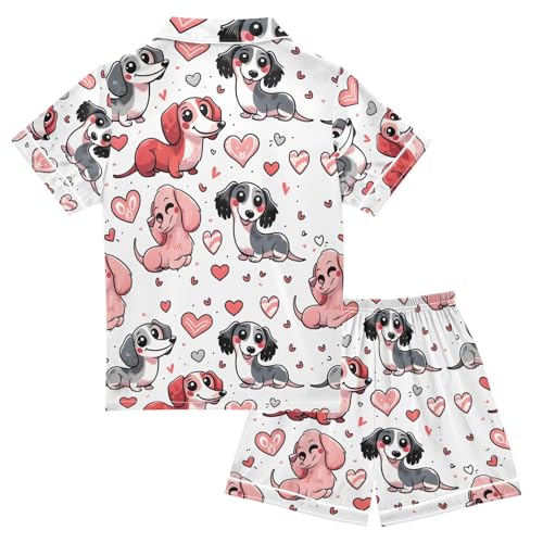 ALAZA Dachshund Dog Puppy Heart Pajamas Satin Pajama Set Short Sleeve Button Down Sleepwear2