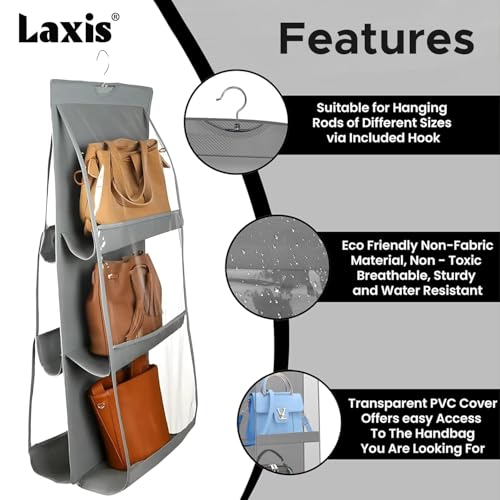 Image of LAXIS 3 Pockets Handbag Organizer for Closet, Purse Organizer Hanging Closet, Bag Organizer Purse Organizer, Handbag Organizer for Wardrobe, Hanging Bag Storage Organizer Holder (Grey)