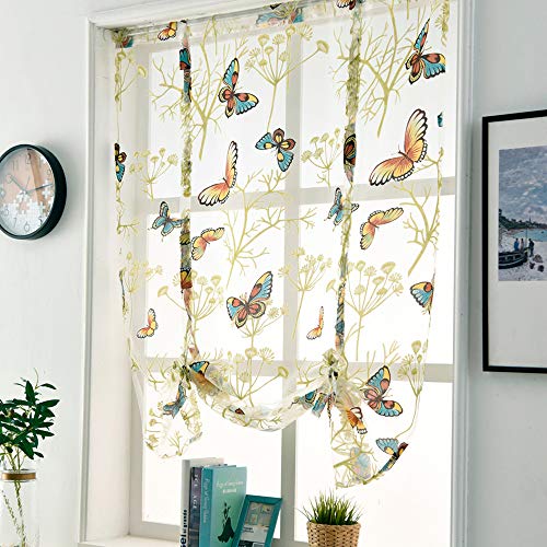 Gotian Beauty Roman Curtain Short Sheer Tie Up Window Balloon Shade Sheer Voile - Cafe, Balcony, Living Room, Bathroom, Bedroom, Kitchen- Valances, Butterfly, Room Deco (Rod Pocket) (L)
