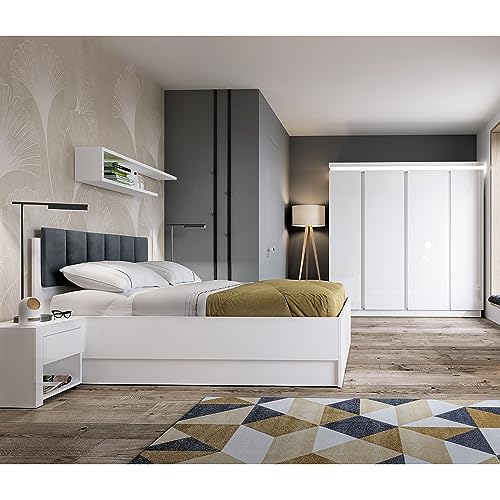 Lomadox Schlafzimmer Komplett Set, 5-teilig, mit 160cm Bett, 2 Nachttische, 4-türiger Kleiderschrank in weiß Hochglanz
