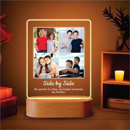 Image of Giftplease Personalized Acrylic Photo Night Light with Wooden Base - Custom Picture Collage LED Lamp, Sentimental Birthday Gifts for Brother, Siblings, Best Friend - Engraved Warm Bedside Desk Decor