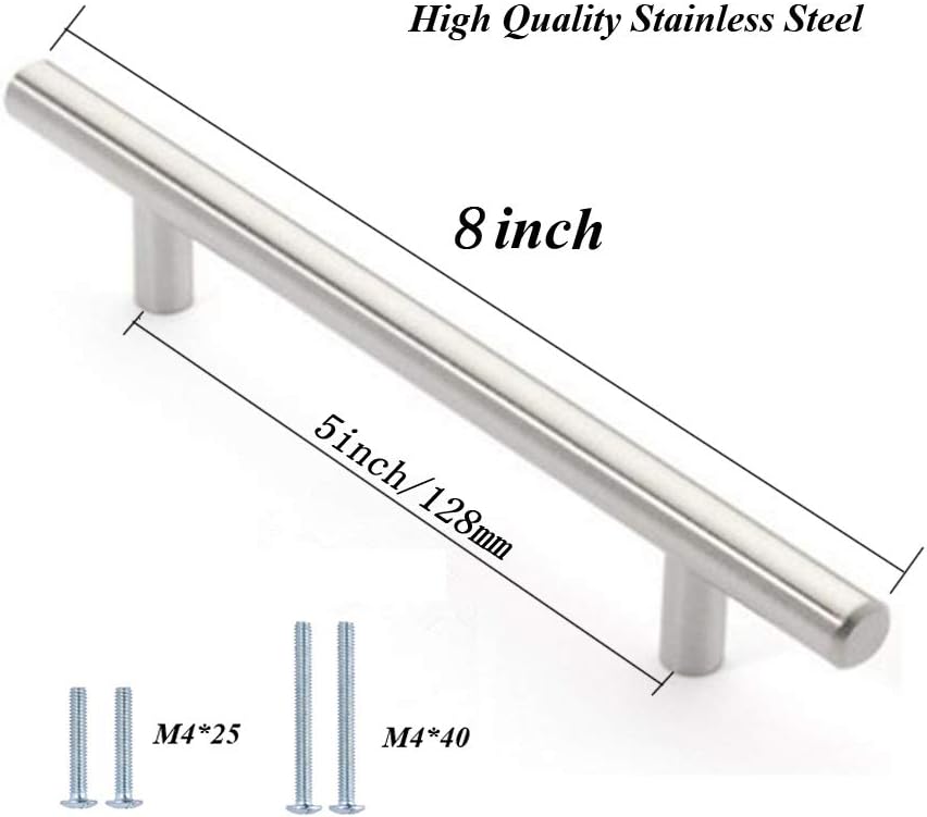 30 Pack 12mm Stainless Steel Kitchen Cabinet Handles T Bar Pull (8" Overall Length,5" Hole Centers)