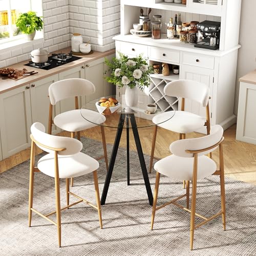 Image of 5-Piece Bar Table Set with 4 Bar Stools, 31.5 inch Round Pub Table and Fabric Upholstered Counter Height Stools with Wood-Grain Metal Legs, for Small Spaces, Apartments, and Bistros