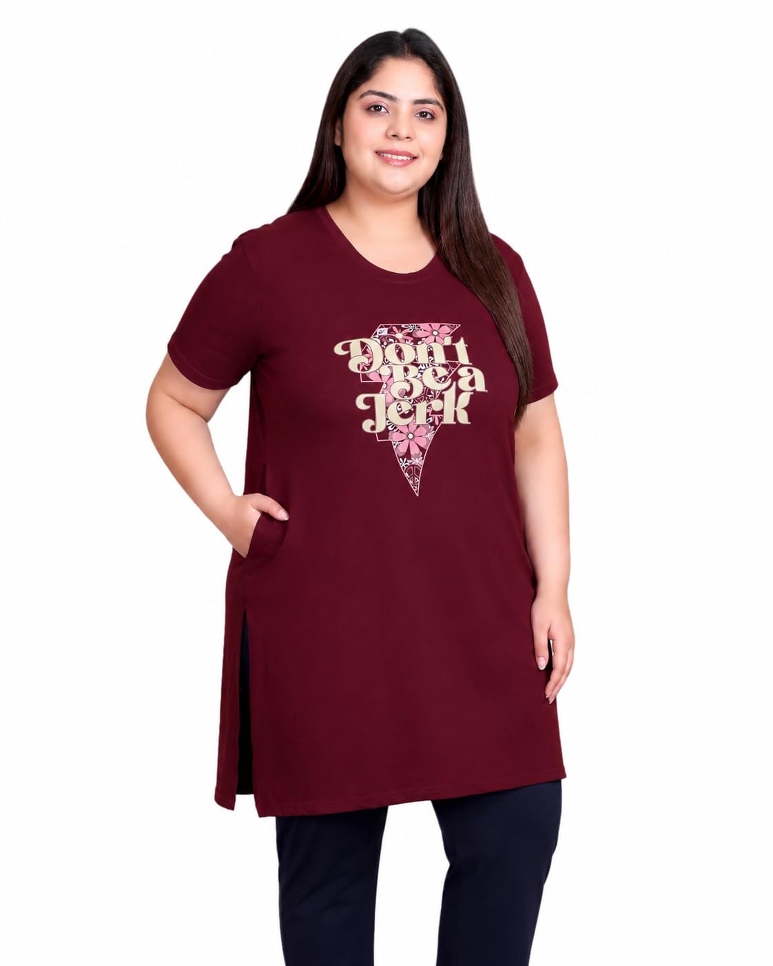 In Love Women's Printed Cotton Plus Size Longline T-Shirt with Pockets | Cotton fabric - soft longline T-shirt with easy plus-size fit