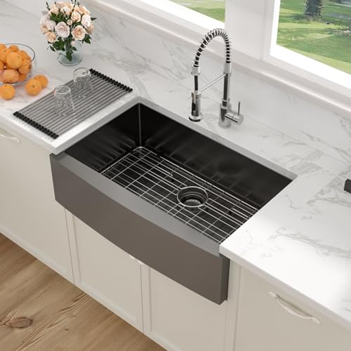 Comparison: Best Garbage Disposal For Farmhouse Sink 10 Sarlai 33 Black Farmhouse Kitchen Sink - 33 Inch Kitchen Sink Gunmetal Black Stainless Steel 16 gauge Apron Front Sink Deep Single Bowl Farm Sink