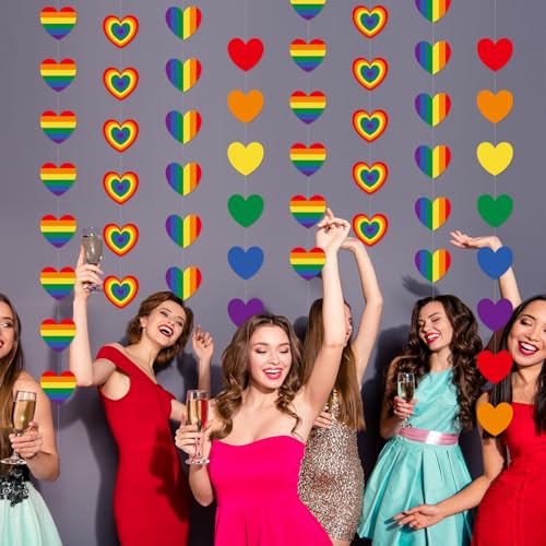 Image of 8Pcs Gay Pride Hanging Banner, Love is Love Pride Banner, LGBTQ Rainbow Heart Garland, NO-DIY Pride Month Decorations Rainbow Birthday Bachelorette Baby Shower Bridal Shower Party Supplies