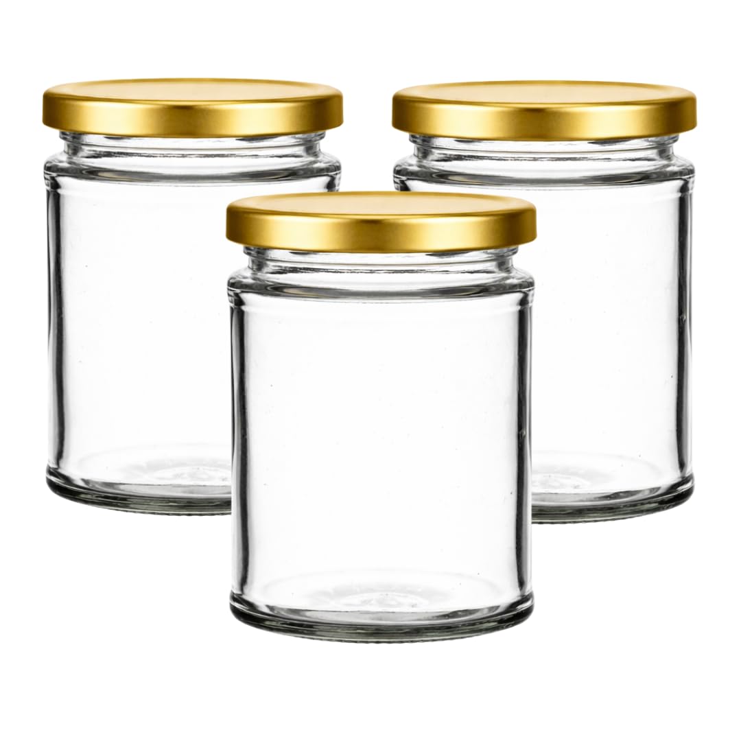 Jars And Bottles Gold Set Of 12X 300Ml Panelled Jam Jars | 300Ml Jam Jars | Including Twist Off Caps | Glass Jars | Preserve & Chutney Jars | J&B