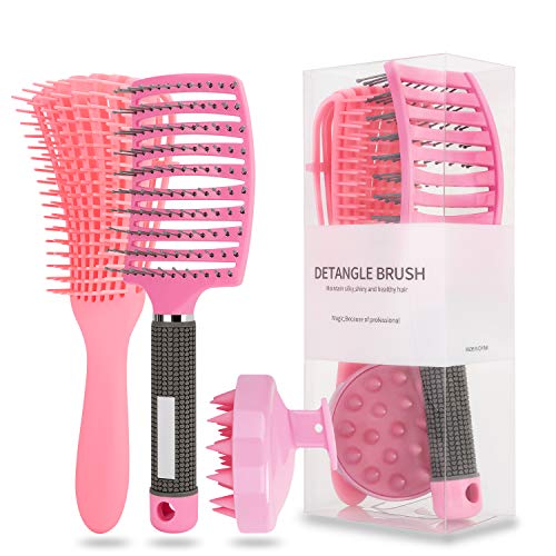 Detangling Brush, Scalp Massager Shampoo Brush, Curved Vented Styling Brush Silicone Hair Brush Set for Curly Hair Dry and Wet, Pink, Pack of 3