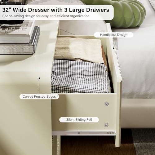 Image of Furniway Beige Nightstands Set of 2, 32 inch Modern 3 Drawer Bedside Table with Storage, Large Night Stand for Bedroom