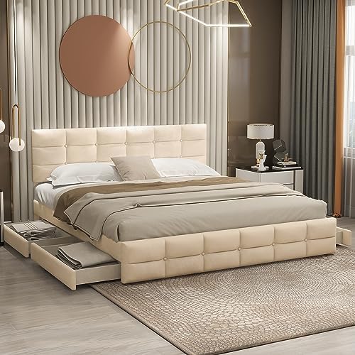Rtopsu Upholstered Double Bed 180 x 200 cm, 4 Storage Drawers, Bed with