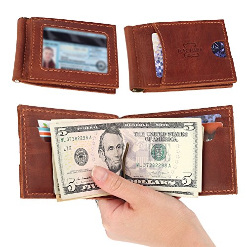 Rachiba Leather Bifold Wallet With Money Clip–Red-Brown Genuine Leather Wallet