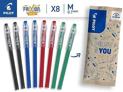 PILOT - 8er-Set FriXion Ball Stick - Gel-Tinte radierbar - 2 Blau, 2 Schwarz, 2 Rot, 2 Grün - Der FriXion Kugelschreiber - Für Federmäppchen - Schulartikel - Mittlere Spitze