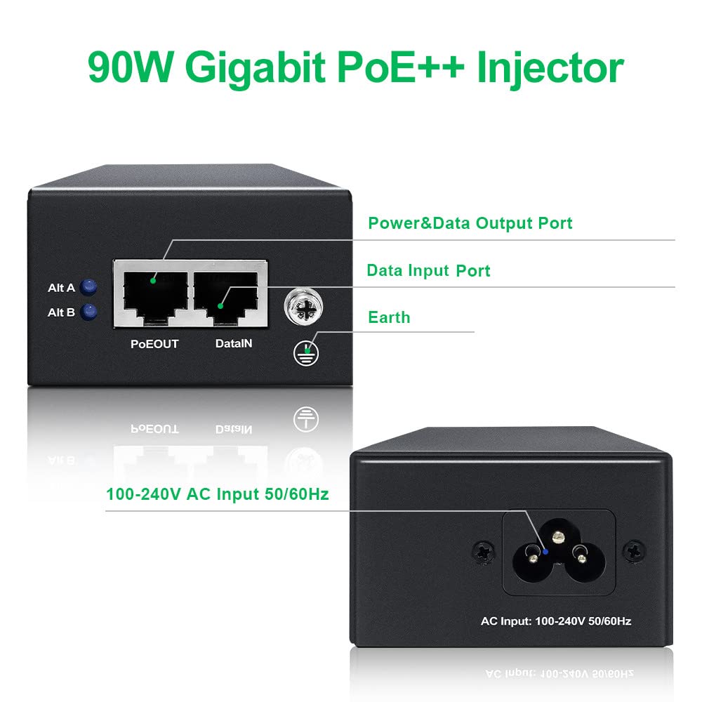 PE90-BT | Iniettore Gigabit Ultra PoE++ da 90 W, adattatore Ethernet, conforme a IEEE 802.3bt/at/af, porte RJ-45 schermate 10/100/1000Mbps, alloggiamento in metallo, Plug and Play