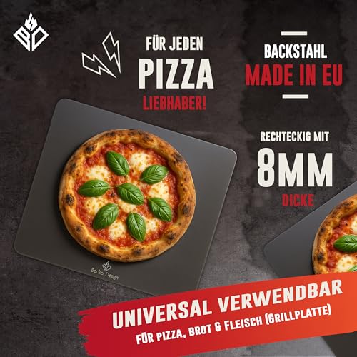 Becker Design® Backstahl 8mm für Backofen, Pizza, Brot & Grill (38 x 33cm) - Pizza-Stahl & Backplatte rechteckig (MADE IN EUROPE) - Stahlplatte für Ofen & Kochfeld (Baking Steel) groß