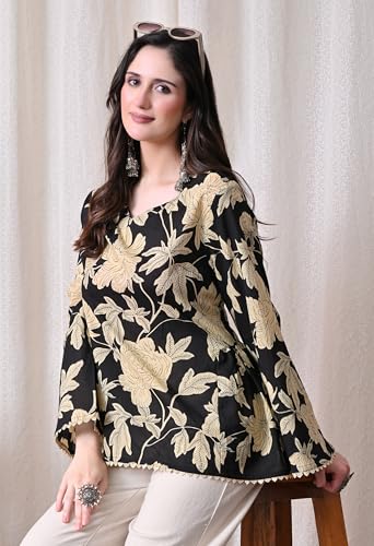 Image of MEERA FAB Women's Summer Floral Printed Cotton Short Kurta Bell Sleeves | Floral Printed Kurta | Short Kurti for Women