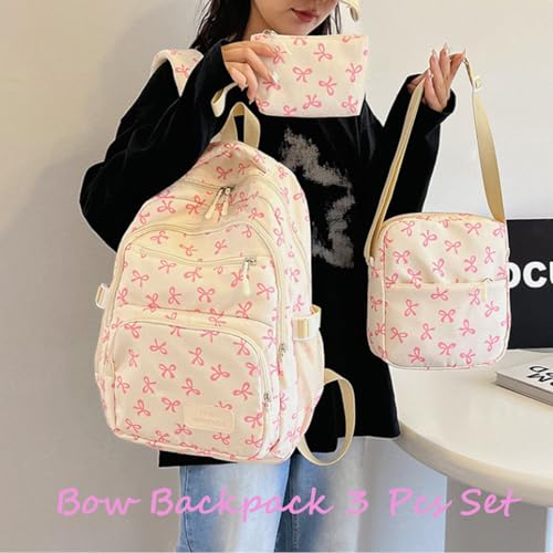 Bow Backpack 3pcs Set For Girls,Backpack Pink Bow,Aesthetic Daypack Bows Rucksack,CutekawaiiBackpacks Set (#3)2