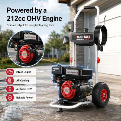 Image of AMERISUN 3800 PSI Gas Pressure Washer 2.5 GPM with 212cc 4-Stroke OHV Engine, 5 Quick-Connect Nozzles & 10 inch Wheels, Heavy Duty Power Washer for Driveways, Cars, Patios, Decks & House Siding