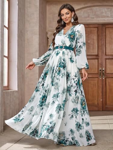 Image of TOLEEN Summer Casual Dresses for Women 2024 Spring Fashion Boho V Neck Long Sleeve Ruffle Floral Print Elegant Maxi Dress