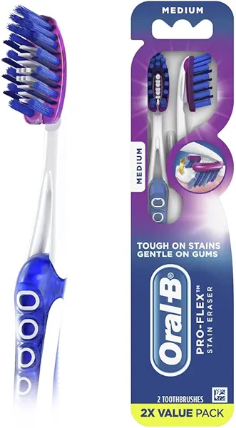 Oral-B 3D White Deep Stain Remover toothbrushes, 2 count toothbrush MEDIUM, Removes 90% of surface stains, whitens teeth, deep reach, removes plaque and stains tooth brush