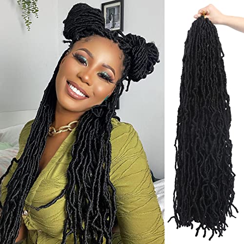 Beyond Beauty,Nu Faux Locs Crochet Hair Pré-bouclés Déesse Locs Crochet Hair Soft Dreadlocks Extensions de cheveux synthétiques 6 Packs/Lot 24 Pouces 21 Brins/Pack (6Packs-30Inches, #1B) Cover