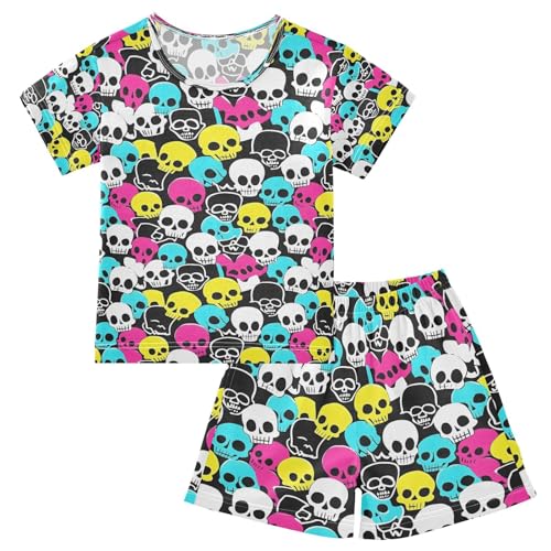 ALAZA Colorful Sugar Skull Pajamas Set Short Sleeve Cotton Sleepwear Summer Pjs 2 Piece 5-14Y