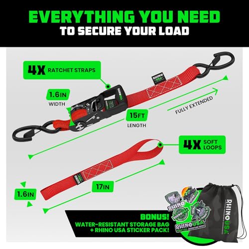 Image of Rhino USA Heavy Duty Ratchet Tie Downs (4-Pack) - 1.6in x 15ft, 5,000lb