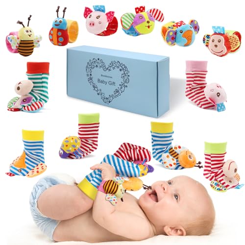 Image of Bloobloomax Baby Soft Toy Foot Finder Socks Wrists Rattles - Ankle Leg Hand Arm Feet Rattle Toy Set- Newborn Present for Infant Toddler Boy Girl 0 3 6 9 12 24 36 Months