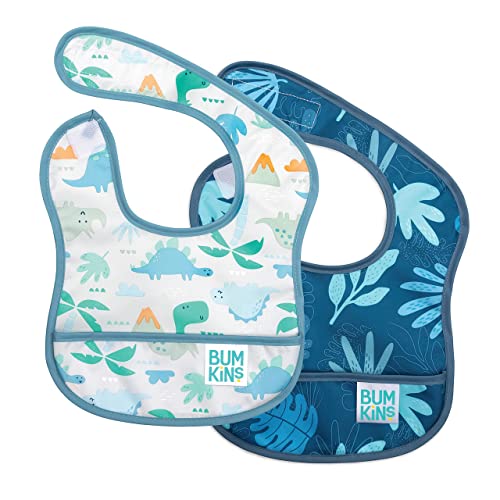 Image of Bumkins Bibs, for Baby Girl or Boy, Infant 3-9 Months,Essential Must Have for Eating, Feeding, Baby Led Weaning, Mess Saving Waterproof Soft Fabric, Starter Bib 2-pk Blue Tropic and Dinosaurs