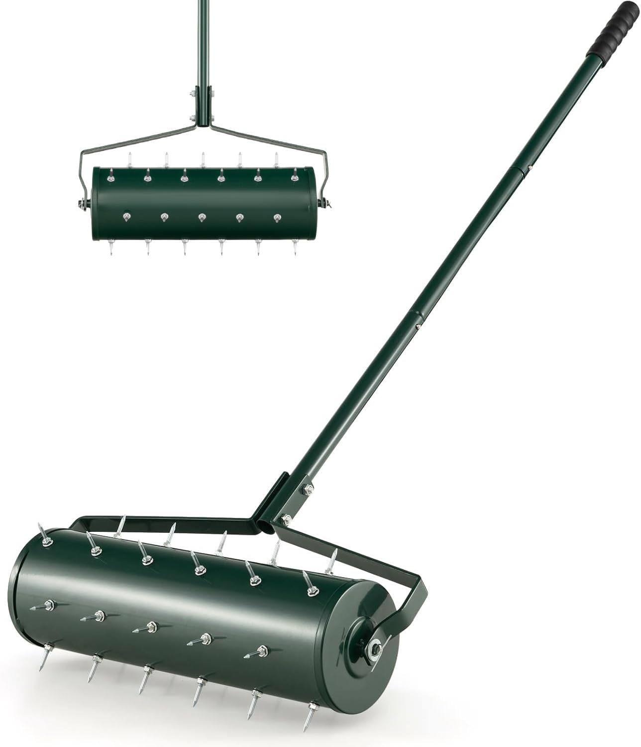TANGZON 45cm/53cm Lawn Aerator, Heavy-Duty Rolling Spreader Lawn Care Tool with 130cm Metal Handle, Fillable Drum, Manual Aerator Gardening Roller for Garden Grass Patio Yard (Green,53x14x130cm) — image 1