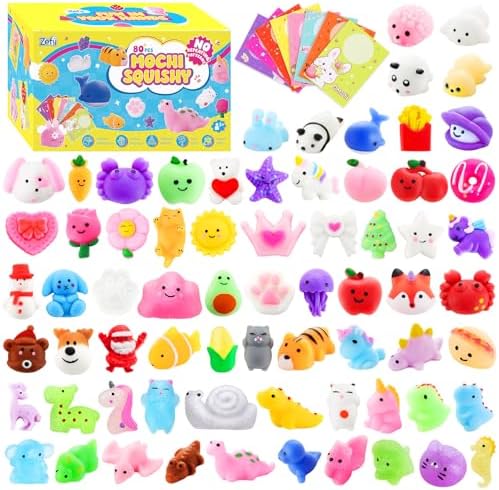 Zefy 80 Pack Squishy Toys with Cards, No Repeating Mochi Squishy Fidget Toys, Party Favors for Kids 4-12, Classroom Prizes Treasure Box for Goodie Bags Easter Basket Stuffer Birthday Valentines Gifts