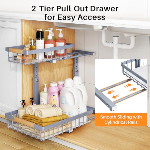 Image of PXRACK Under Sink Organizer, Adjustable Height, 2 Tier Pull Out Under Cabinet Organizer, Slide Out Thickened Metal Under Sink Storage for Kitchen Bathroom Laundry Pantry Cabinet, Grey, Large-1-Pack