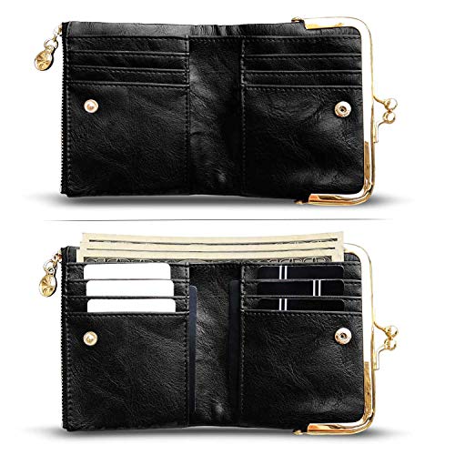 Image of AOXONEL Womens Wallet Small Rfid Ladies Compact Bifold Leather Vintage Coin Purse With Zipper and Kiss Lock, Black, Small, Vintage