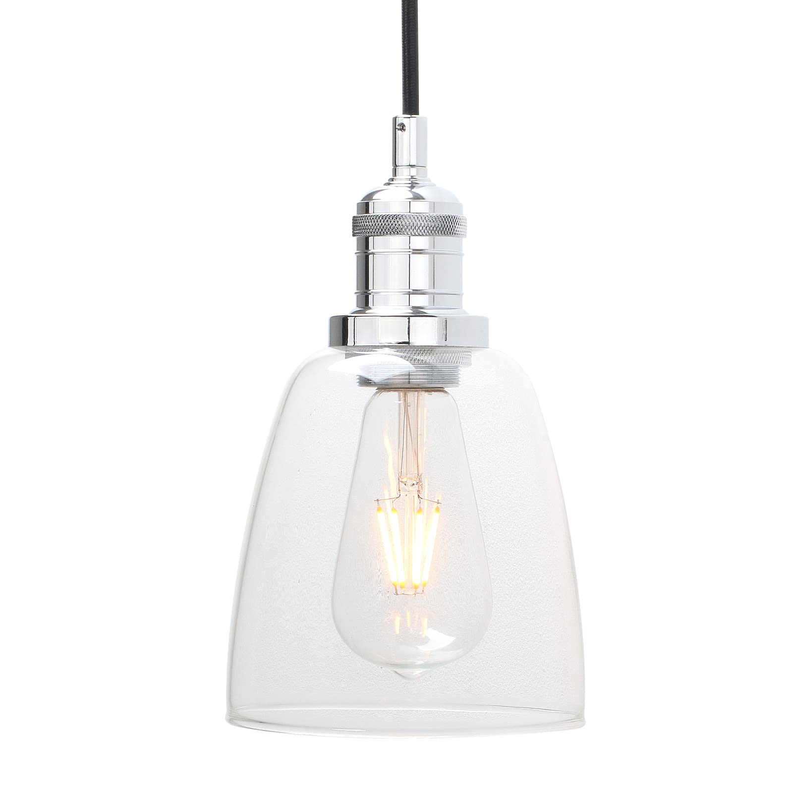 Phansthy Retro Pendant Light Industrial Ceiling Lights with 2m Adjustable Cloth Wire Clear Glass Kitchen Dining Room Hanging Light for E27 Edison Bulbs (Chromed)