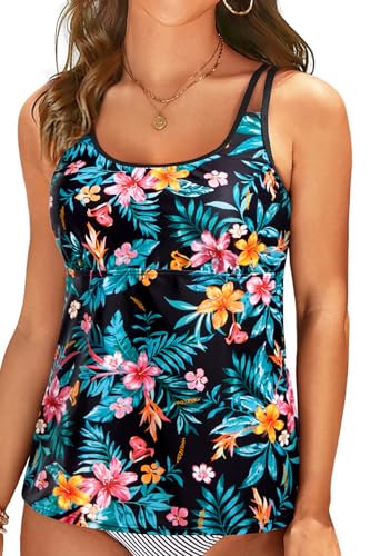 Women Swim Tankini Top Only - Tummy Control Bathing Suit Top Double Strap Swimwear Top Loose Fit 2025
