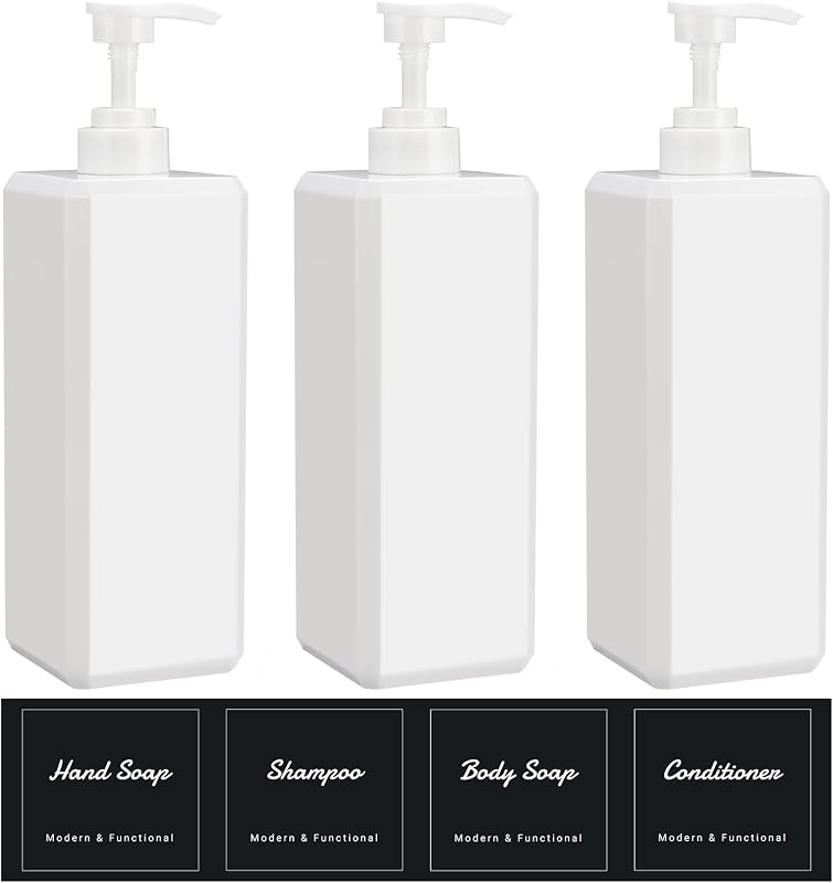 SUREAM Frasco Dosador Recarregável Quadrado de Plástico PET Branco com Etiquetas, 3 Unidades de 1.000 mL