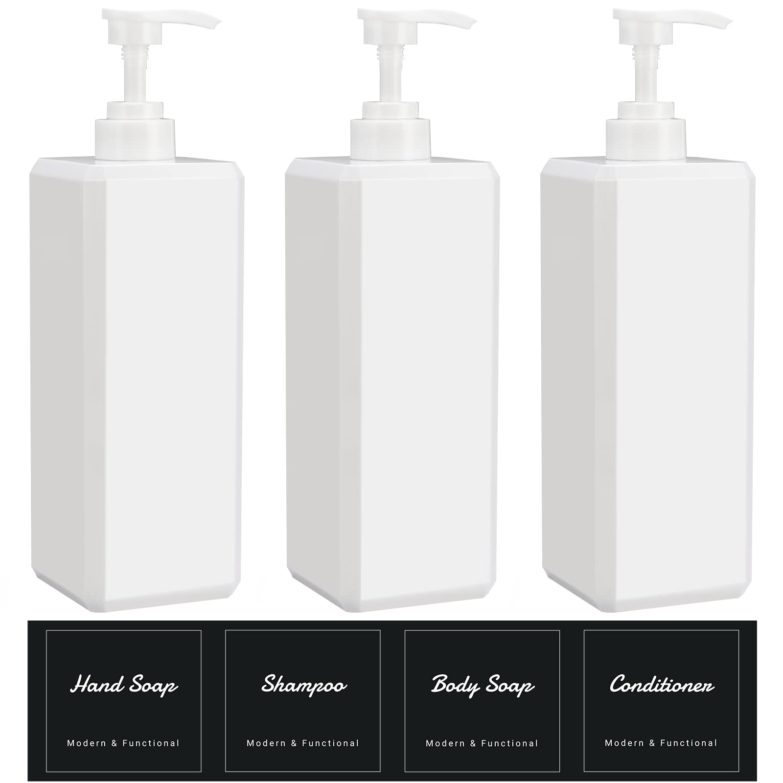 Photo 1 of Suream 33.8 oz Refillable Pump Dispenser Bottle, 3Packs Large Shower Bottle Organizer with 4PCS Lables for Shampoo, Body Soap, Hand Soap, Conditioner, for Bathroom, Kitchen, Hotel, Salon, SPA
