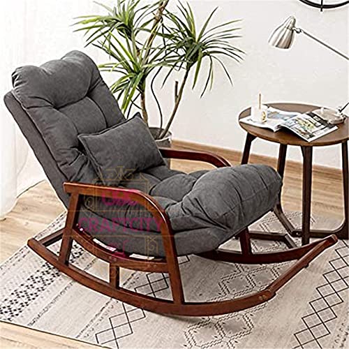 Image of CRAFTCITY Wooden Rocking Chair with Ottoman, Yellow Cushioned Living Room Lounger, Beige (Dark Grey, Model 3)
