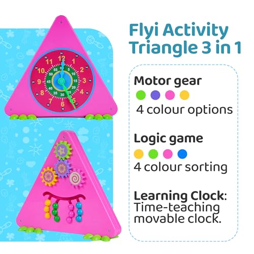 Image of FLYI 3-in-1 Activity Triangle Learning Clock for Kids | STEM Montessori Toy with Spin Gears and Bead Logic Game | BIS Certified Educational Toy, 2+ Years (Pink)
